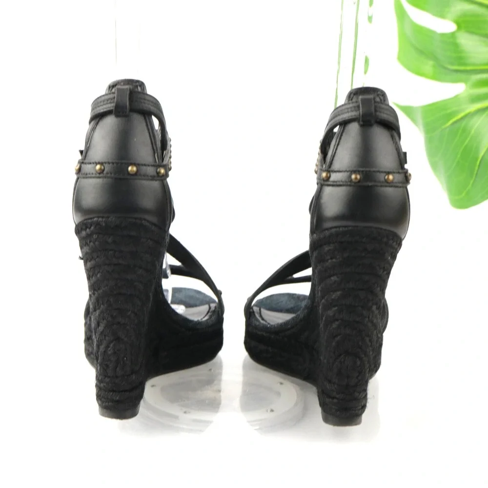 Burberry Womens Sandals Size 40 10 Black Leather Espadrille Wedge Studded Shoes